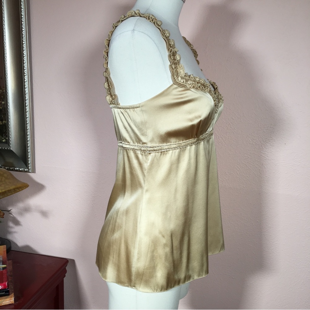 Ellie Tahari Gold Silk Satin Victorian Ruffle sweetheart neckline Camisole top - Picture 4 of 16